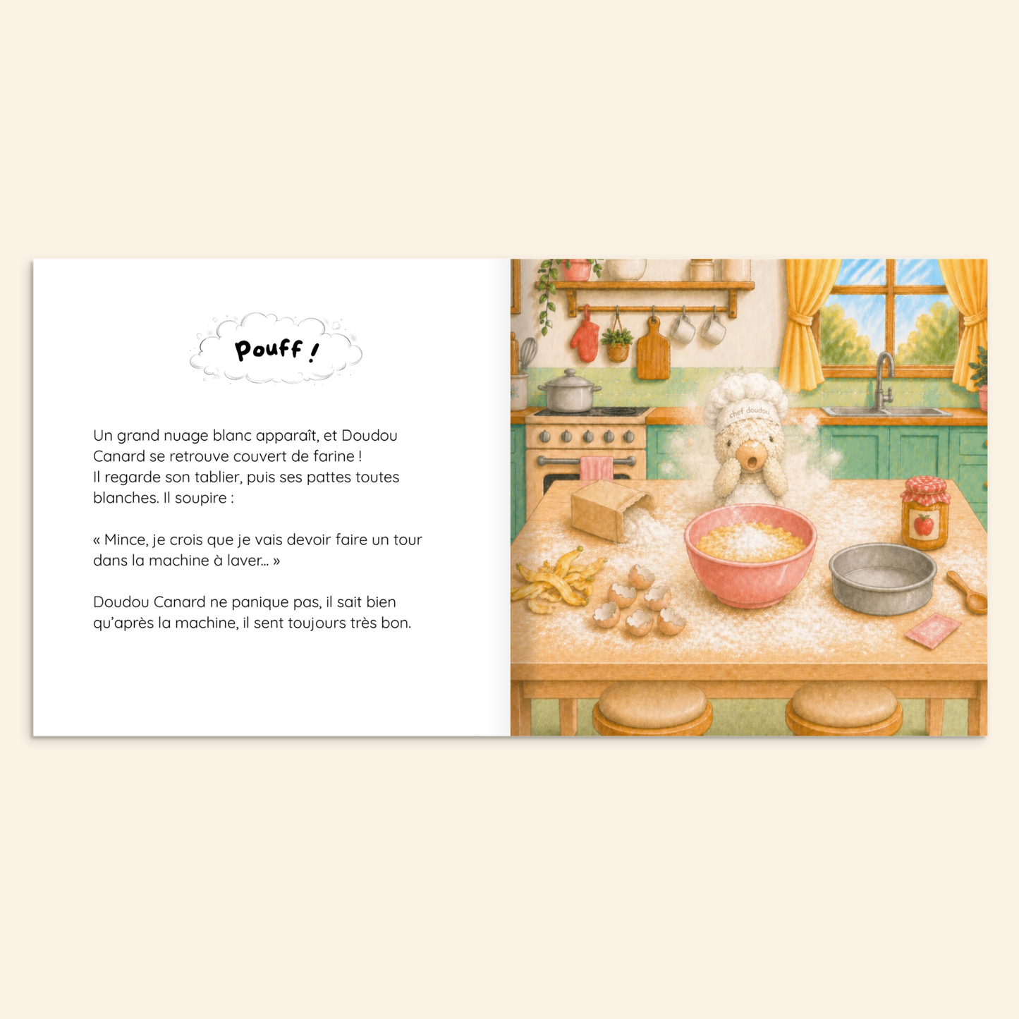 Aperçu intérieur du livre personnalisé où le doudou prépare un gâteau