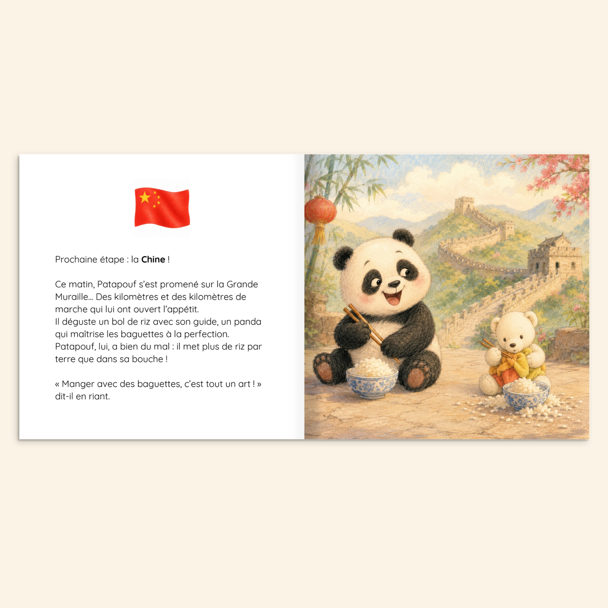Aperçu intérieur du livre personnalisé où le doudou découvre le monde