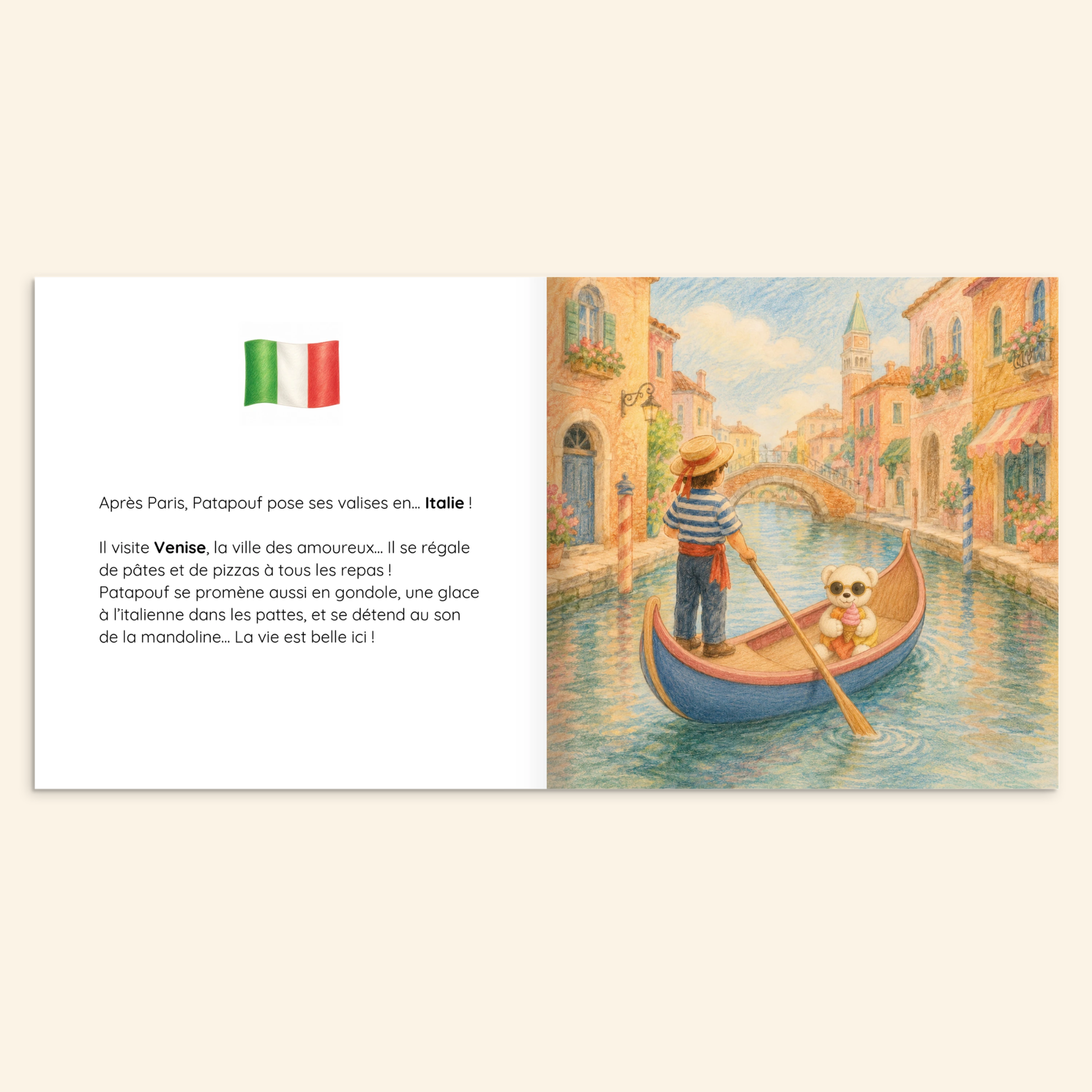 Page illustrée du livre personnalisé avec le doudou en voyage autour du monde