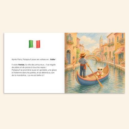 Page illustrée du livre personnalisé avec le doudou en voyage autour du monde