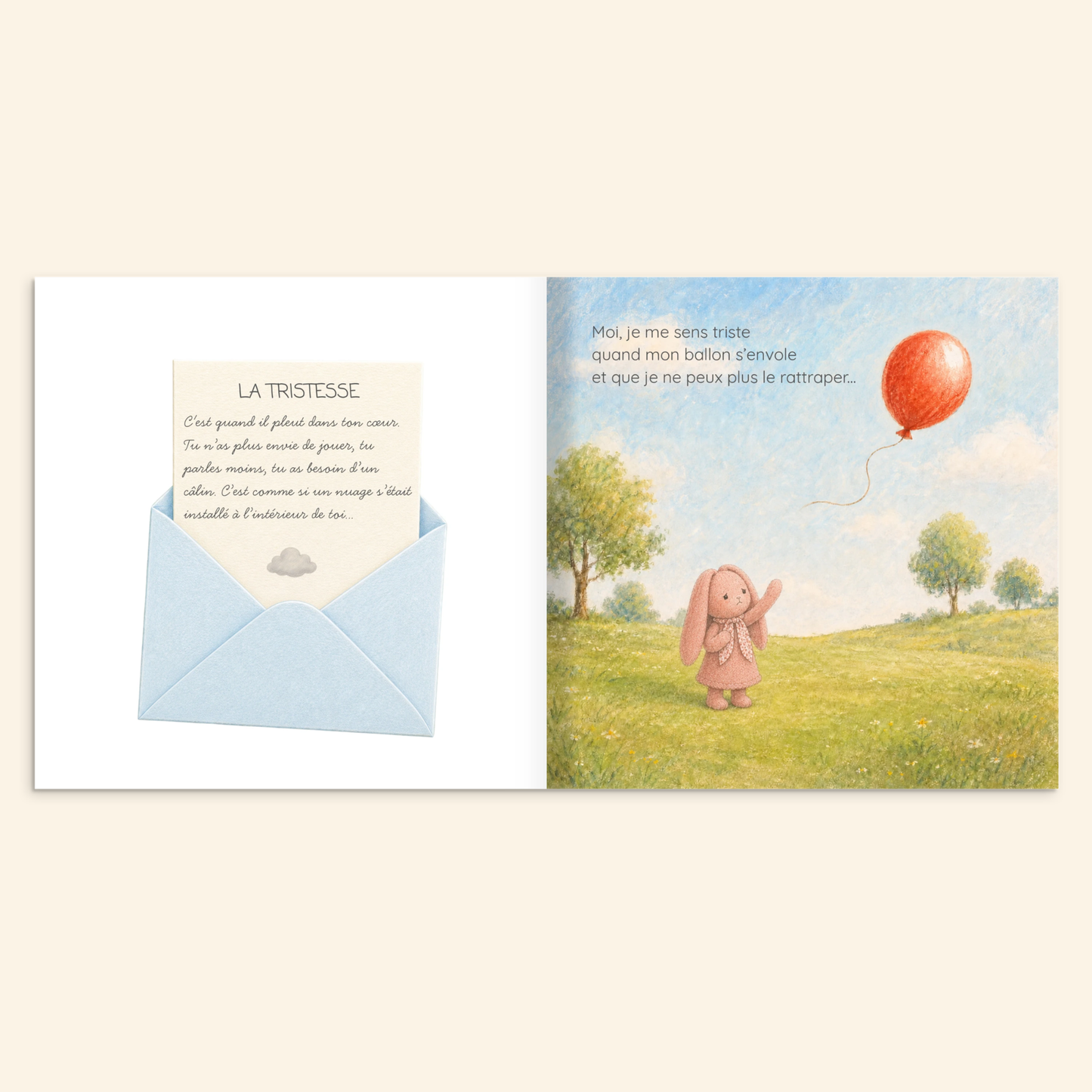 Aperçu intérieur du livre personnalisé où le doudou découvre les émotions