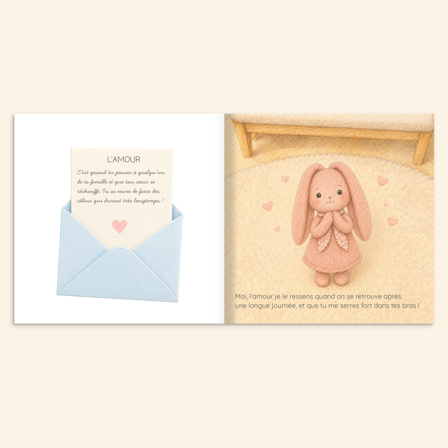 Page illustrée du livre personnalisé sur les émotions avec le doudou de l’enfant